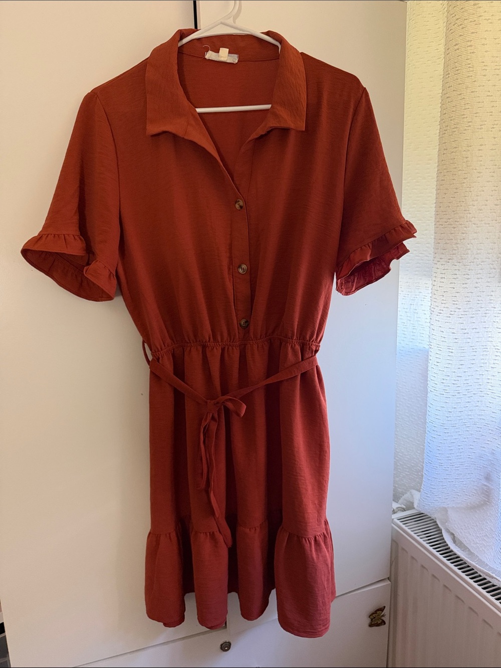 Rust Red Short Sleeve Button-Front Dress with Tie Waist
